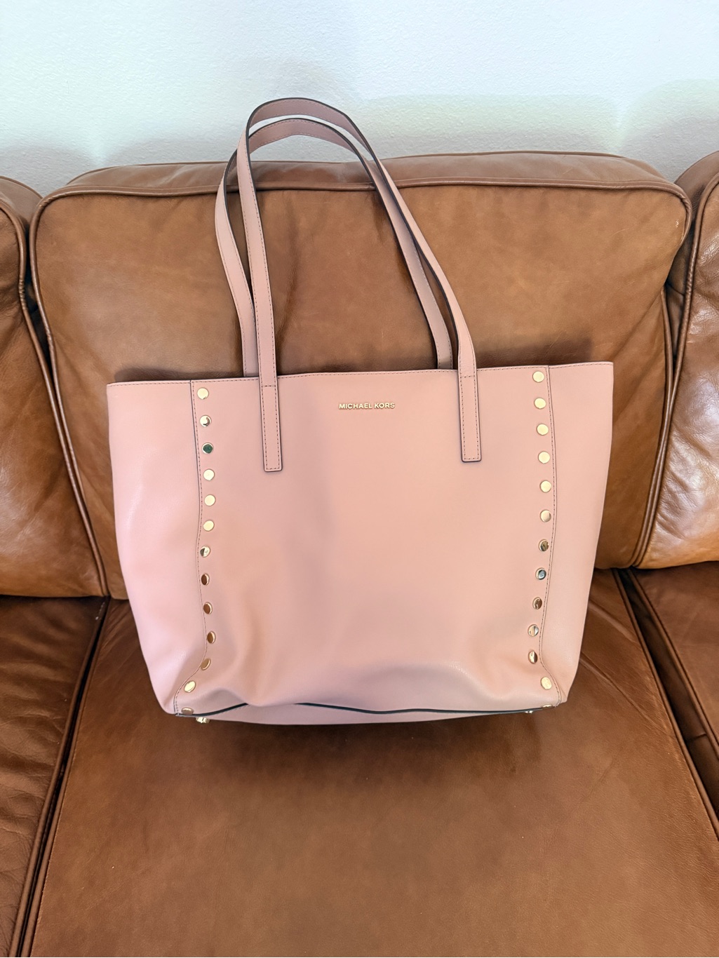 Michael Kors Rivington Studded Large Tote In Signature “Fawn” Color